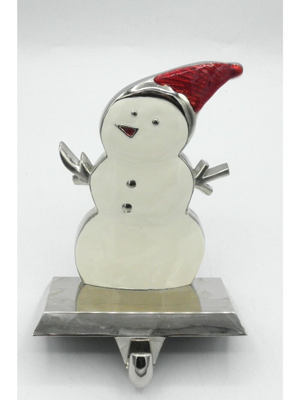 Christmas Snowman Stocking Holder Hanger Red Hat Enamel & Chrome Finish